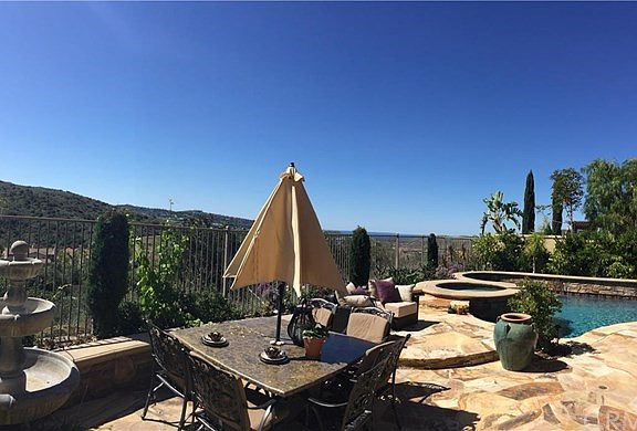 Flagstone patios, views forever, and blue water in the distance. The perfect backyard!