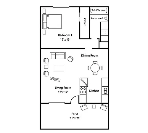 Floor plan 1BD, 1BTH