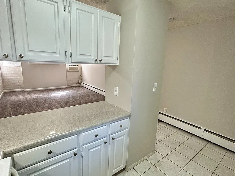 Charming apartment kitchen with sleek countertops leading into a cozy, carpeted living space featuring ample sunlight and a built-in wall AC unit.