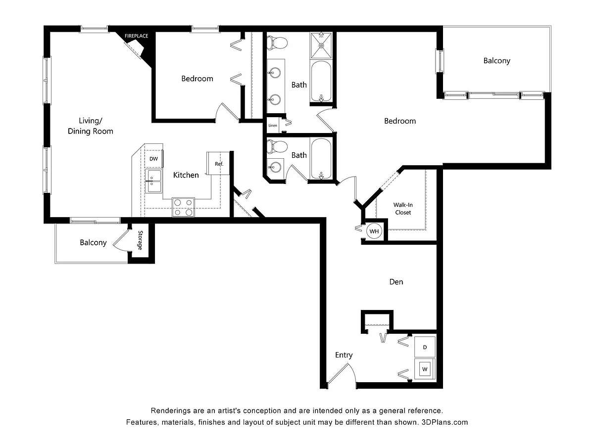 Floor plan BD3 Two Bed Two Bath + Den