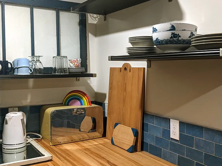 Dishes and butcher block counter tops