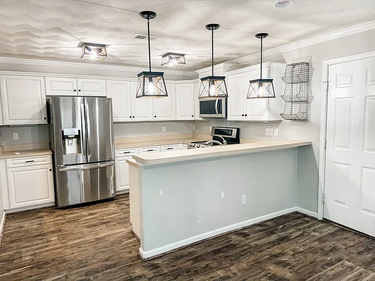 Bar area and garage door.