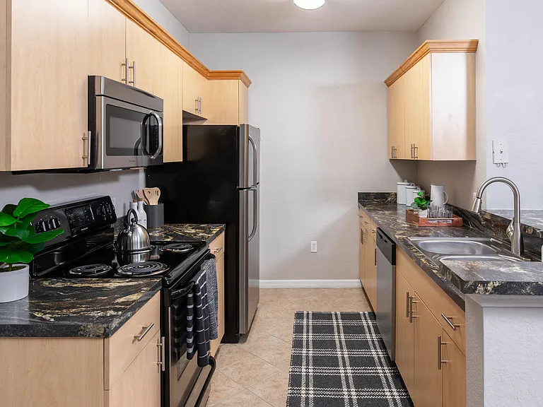 Experience the perfect blend of style and function in this modern galley kitchen, featuring sleek black appliances, elegant countertops, and ample storage.