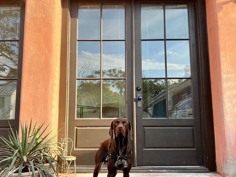 Front door, porch, gravel patio