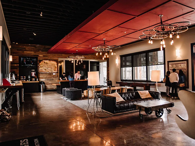 Experience luxury and style in this trendy lounge with unique industrial accents.