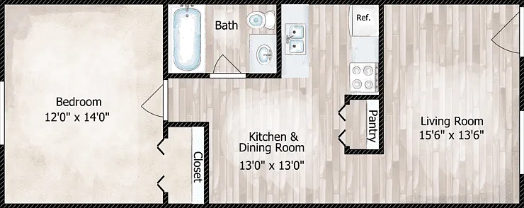 1 Bed 1 Bath Floorplan Diagram