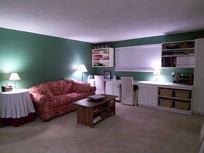 North wall of family room has custom built-in cabinets