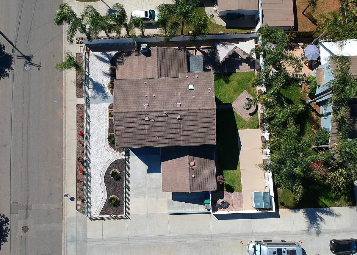 Ariel View of property (including attached ADU (rented separately)). Magnolia Street and alley/driveway visible. - 1050 Magnolia Ave