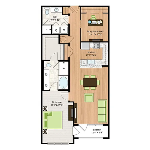 Floor plan One Bedroom Two Bath with Den (1218 SF)