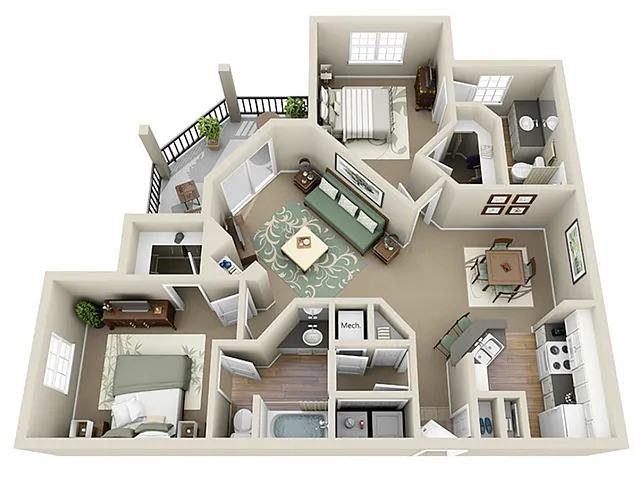 Floor plan 2 Bed 2 Bath - Placid (1137 sq ft)