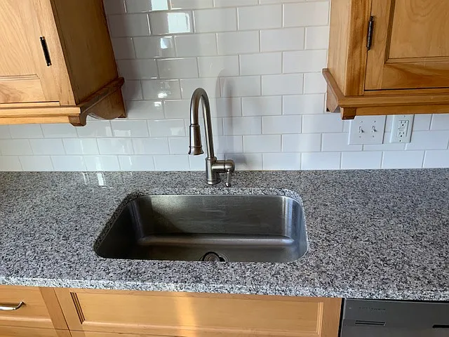 Granite countertops with stainless steel sink.