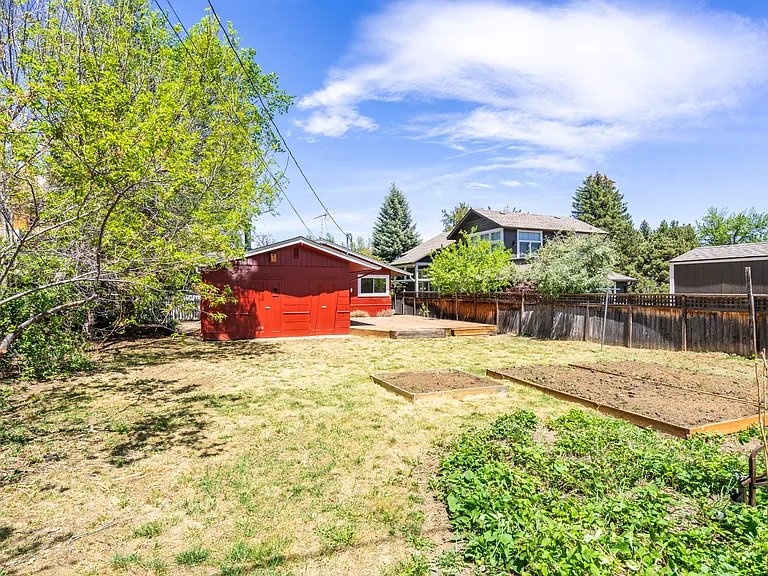 Large backyard with raised garden beds