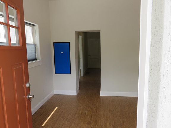 Entry door to living room and hallway to bedroom on left, kitchen, bath and closet on right. 9 foot ceilings, comfy cork flooring and a picture frame waiting for your picture.