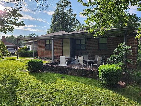 stone patio with table set