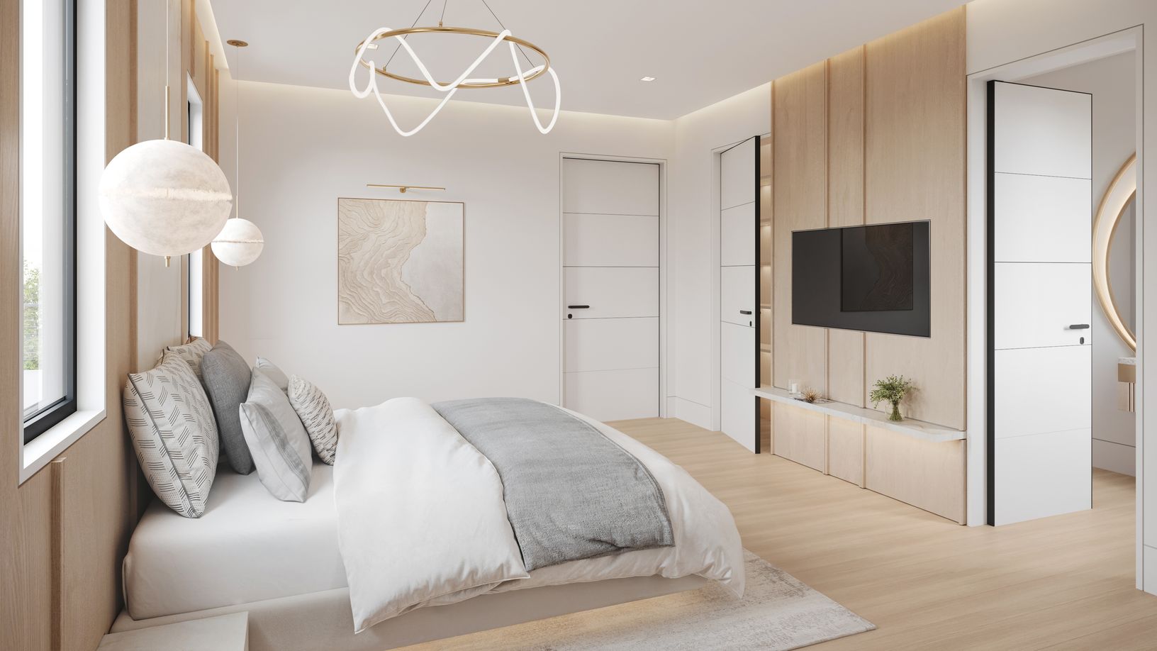 A thoughtfully designed upstairs ensuite bedroom with clean-lined millwork, warm natural tones.