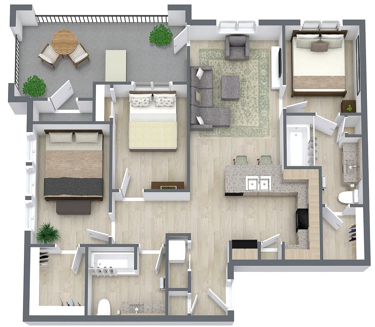 Floor plan Three Bed/Two Bath - 1096 sq ft - 60% AMI