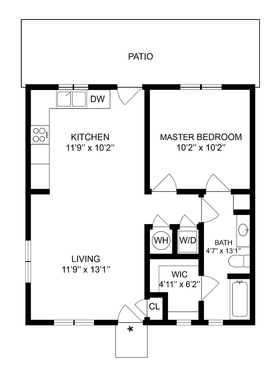 Floor plan 1 BR x 1 BA with Washer/Dryer
