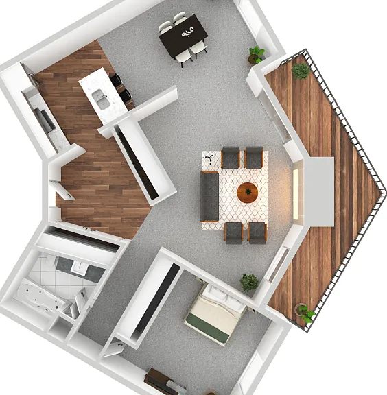 One Bedroom with Corner Patio Floorplan Diagram