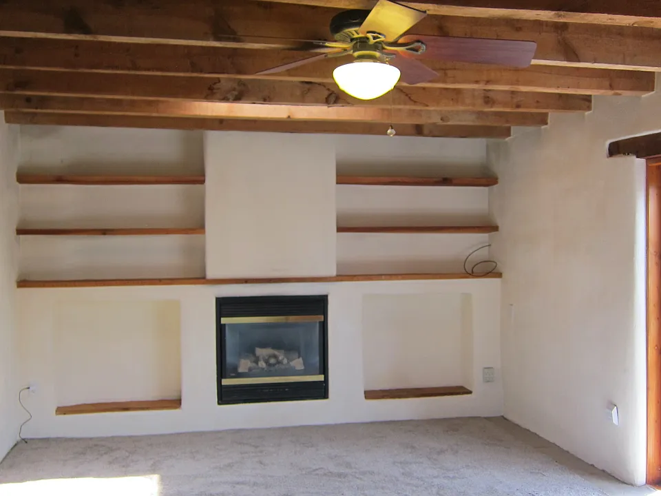 gas fireplace and shelves with south facing doors. living and bedroom area