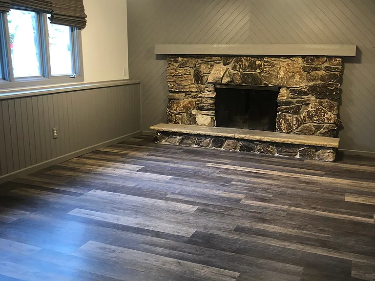 Family room in lower level with fireplace.