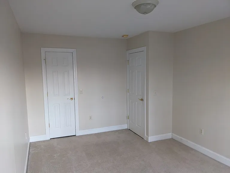 View of the room's entrance door and back wall with walk-in closet door.