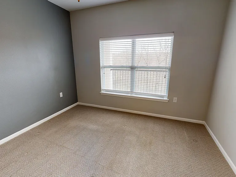 The primary bedroom of the 3-bed apartment includes a large window, carpeted flooring, an a double-door closet. The primary bedroom of the 3-bed apartment includes a large window, carpeted flooring, an a double-door closet.