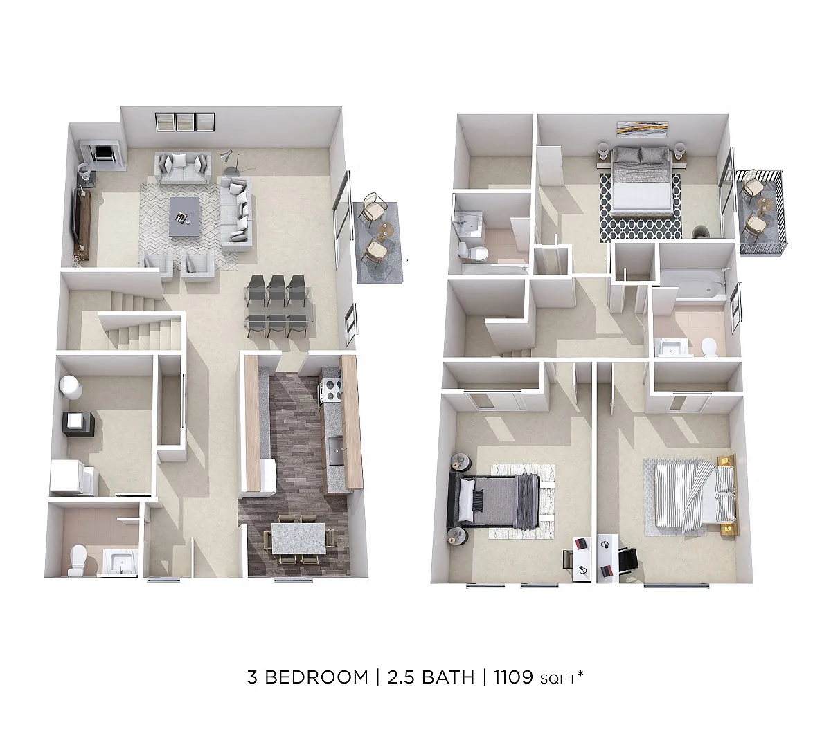 Floor plan Three Bedroom 2.5 Bath Townhome- Garden