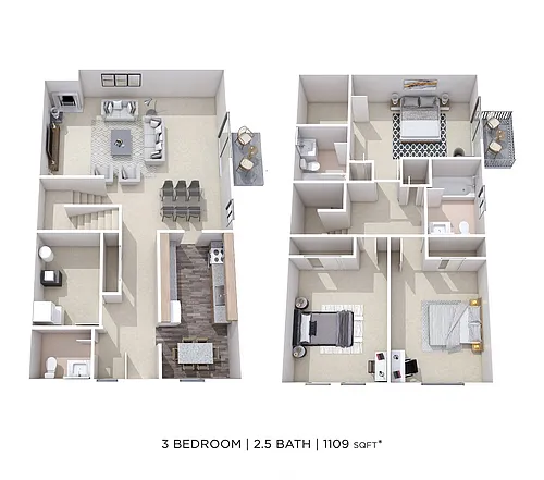 Floor plan Three Bedroom 2.5 Bath Townhome- Garden