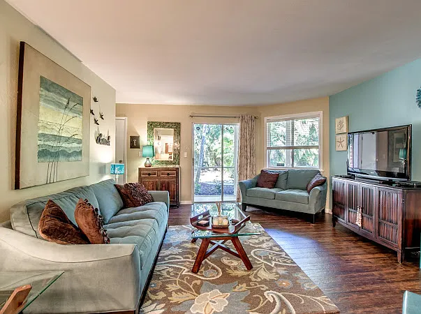 Family room with tv, queen sofa bed and new wood floors.