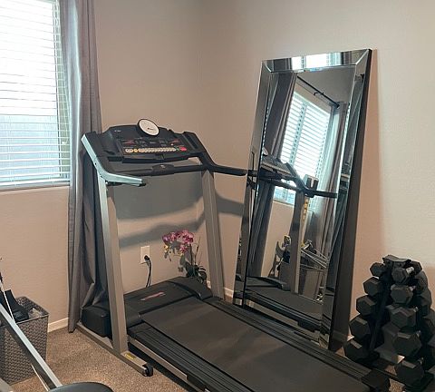 In home gym, free weights
