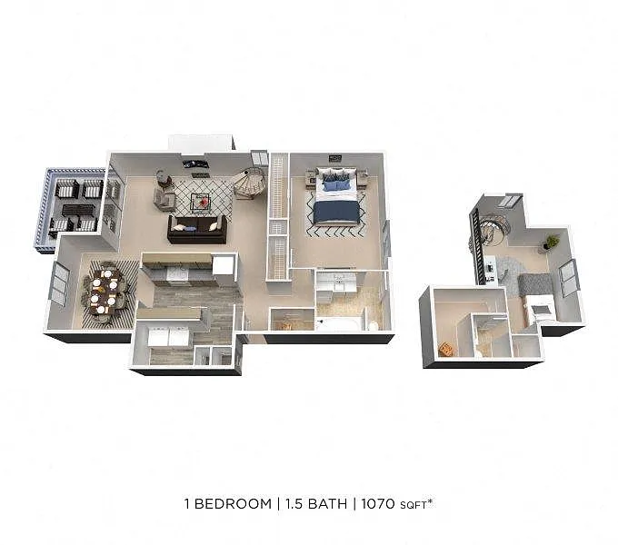 Floor plan One Bedroom 1.5 Bath - 1,070 sqft