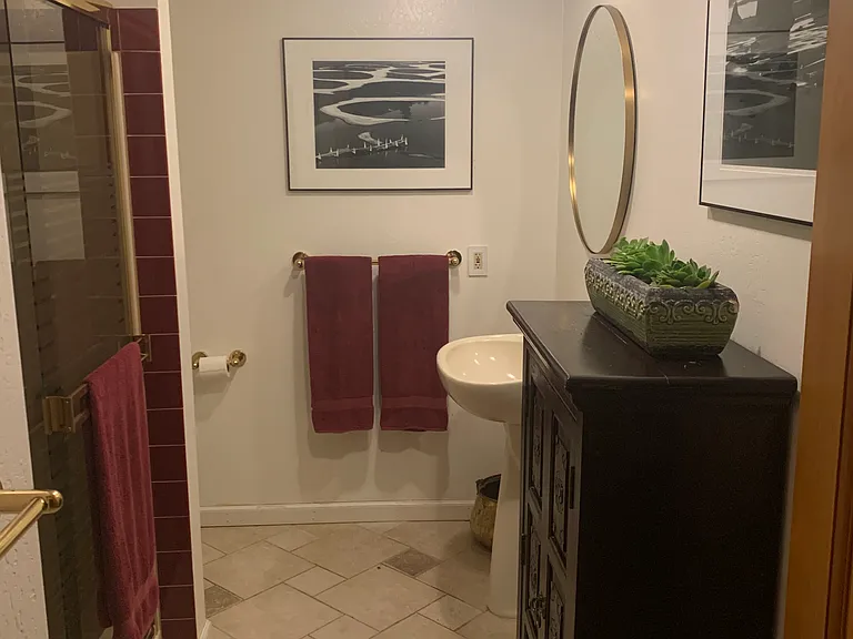 Guest bathroom with shower off main hallway