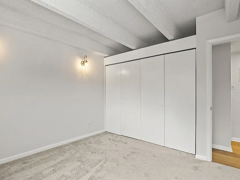 Bright room with soft carpet, modern overhead beams, and sleek built-in closet for stylish living.