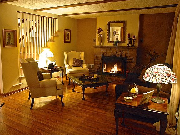 Living room with wood fireplace