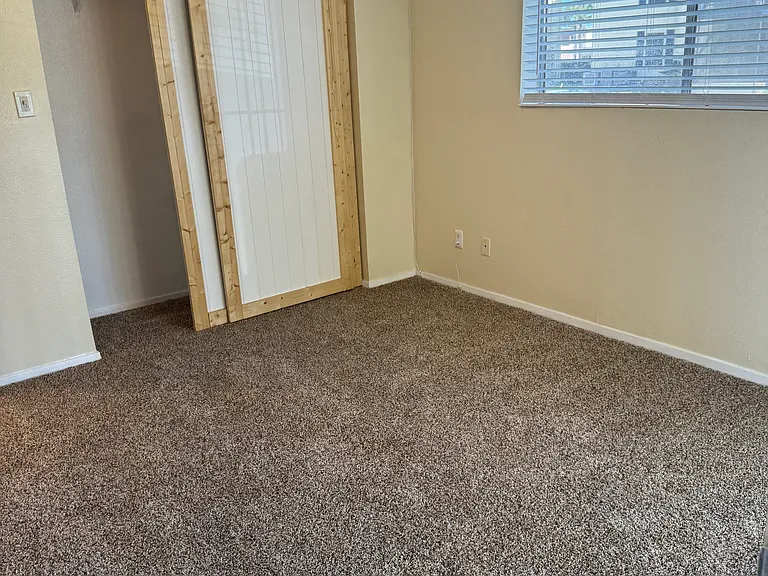 Large sunny bedroom with a large closet and barn door closure.