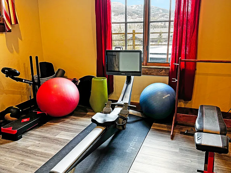 Gym- rower, squat machine, weight bench, free weights, yoga equipment