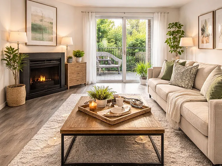 Inviting living room with a cozy fireplace, elegant decor, and a lush garden view through sliding glass doors.