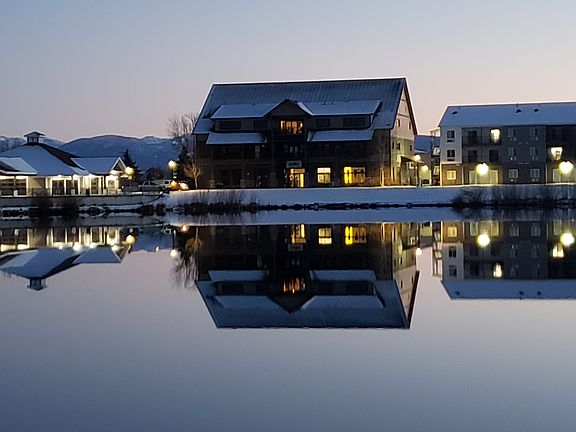 View of the building from across the pond.