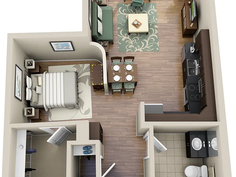 600-653 square foot studio apartment with 1 bath and luxury vinyl tile floors
