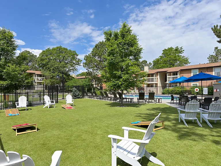 Take a break from swimming to play yard games with your friends!