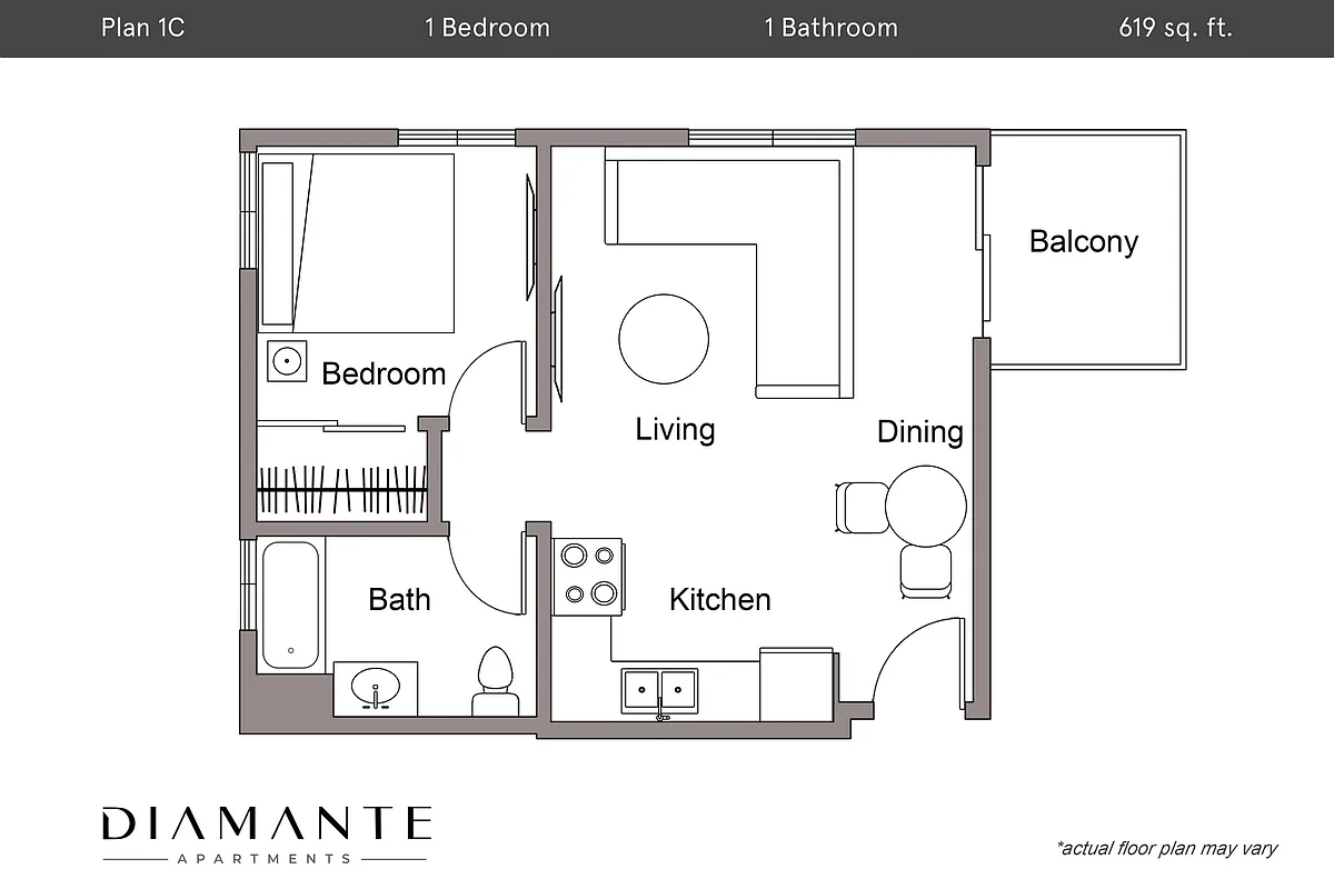 Floor plan Plan 1C - 1 Bedroom, 1 Bath