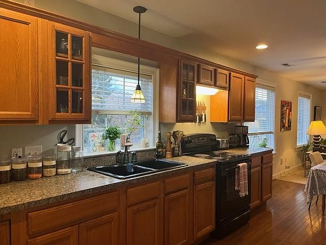 Large kitchen with double sink.