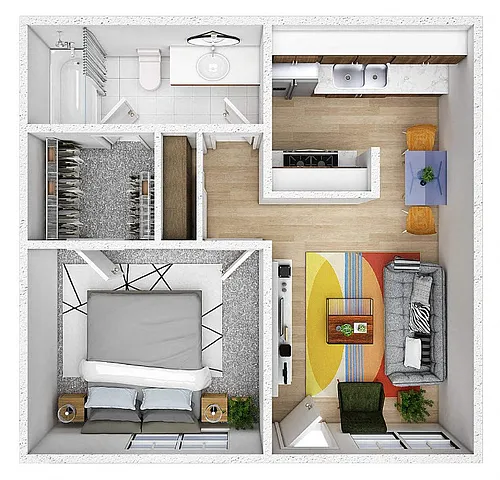 Floor plan 1 Bed 1 Bath with Balcony
