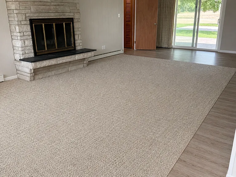 Family room with fireplace and slider to patio/backyard