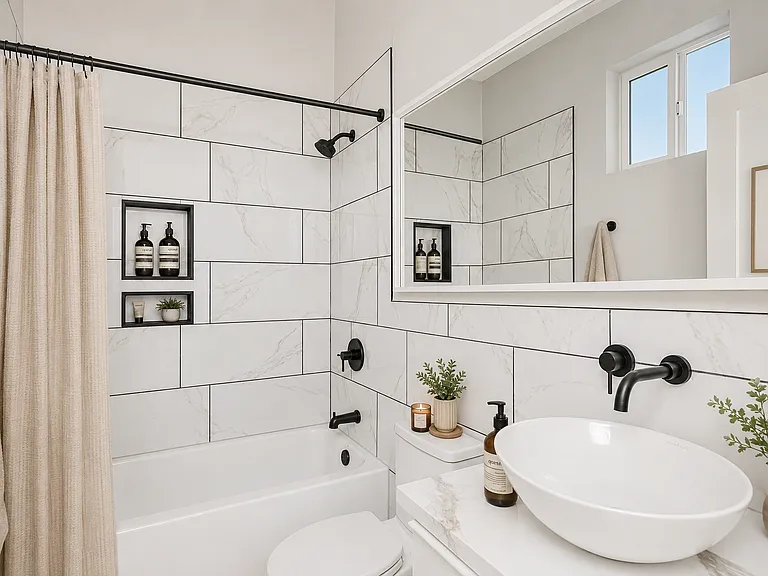 Full bath on the first floor with wall mounted fixtures and european toilet fixtures