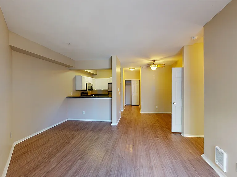 Apartment kitchen with stainless steel appliances, dining and living room with wood-style flooring in select homes.