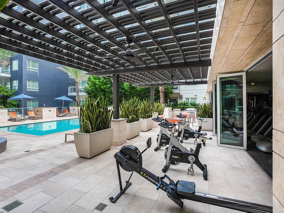 Spin bikes with a pool view
