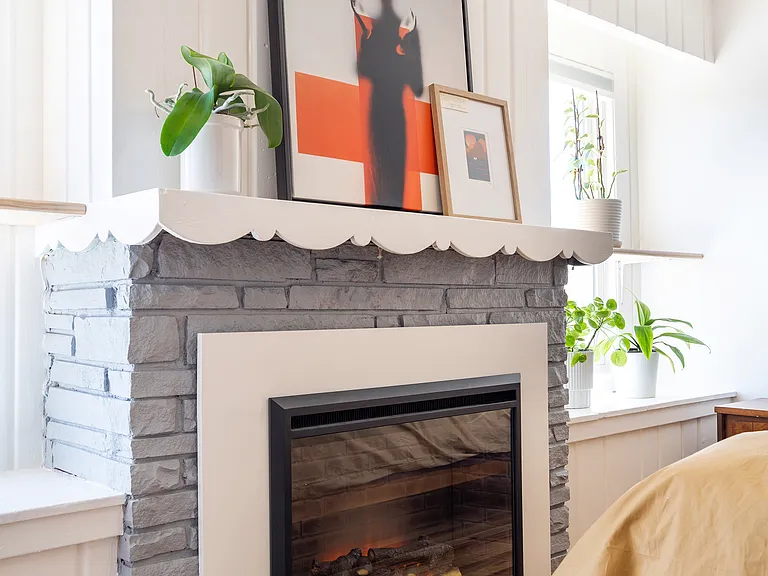 primary bedroom, electric fireplace