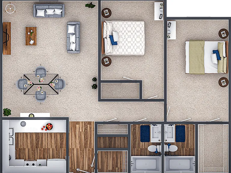 Comfortable 2-bedroom layout with spacious living and separate bedrooms Comfortable 2-bedroom layout with spacious living and separate bedrooms