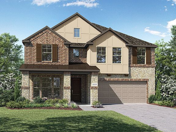 Elevation E is a two story with brick, stone, and board and batten home design elements. Many design